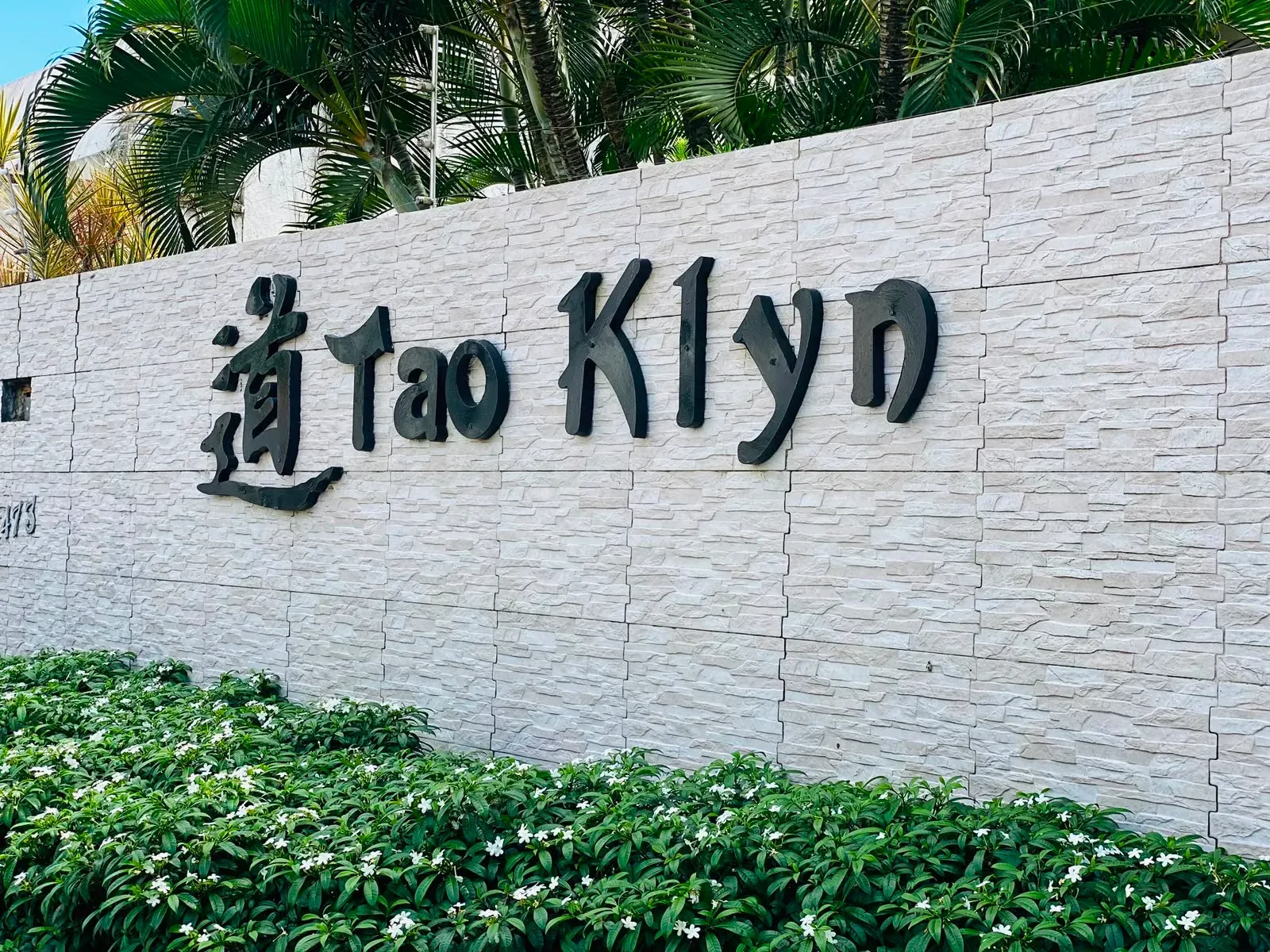 Fachada da Tao Klyn: muro de pedra clara com o letreiro "Tao Klyn" em letras escuras, cercado por plantas.