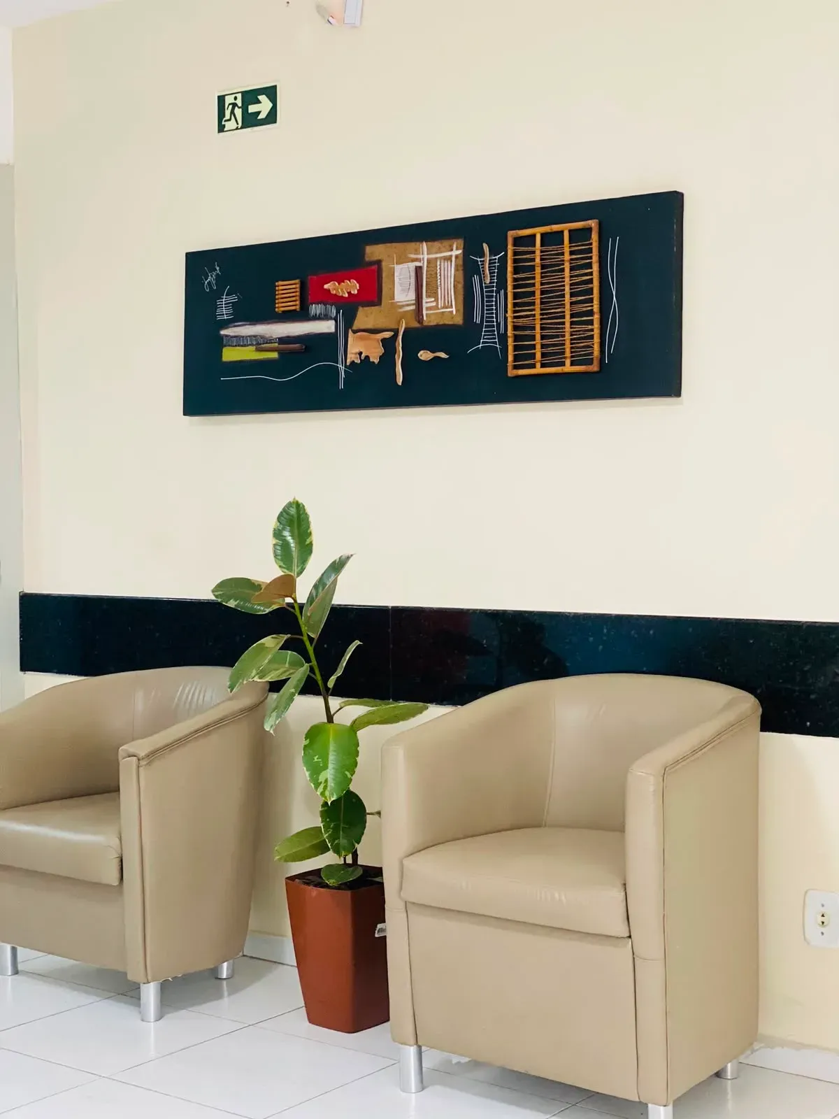 Sala de espera com duas poltronas bege, um quadro na parede e uma planta entre elas.
